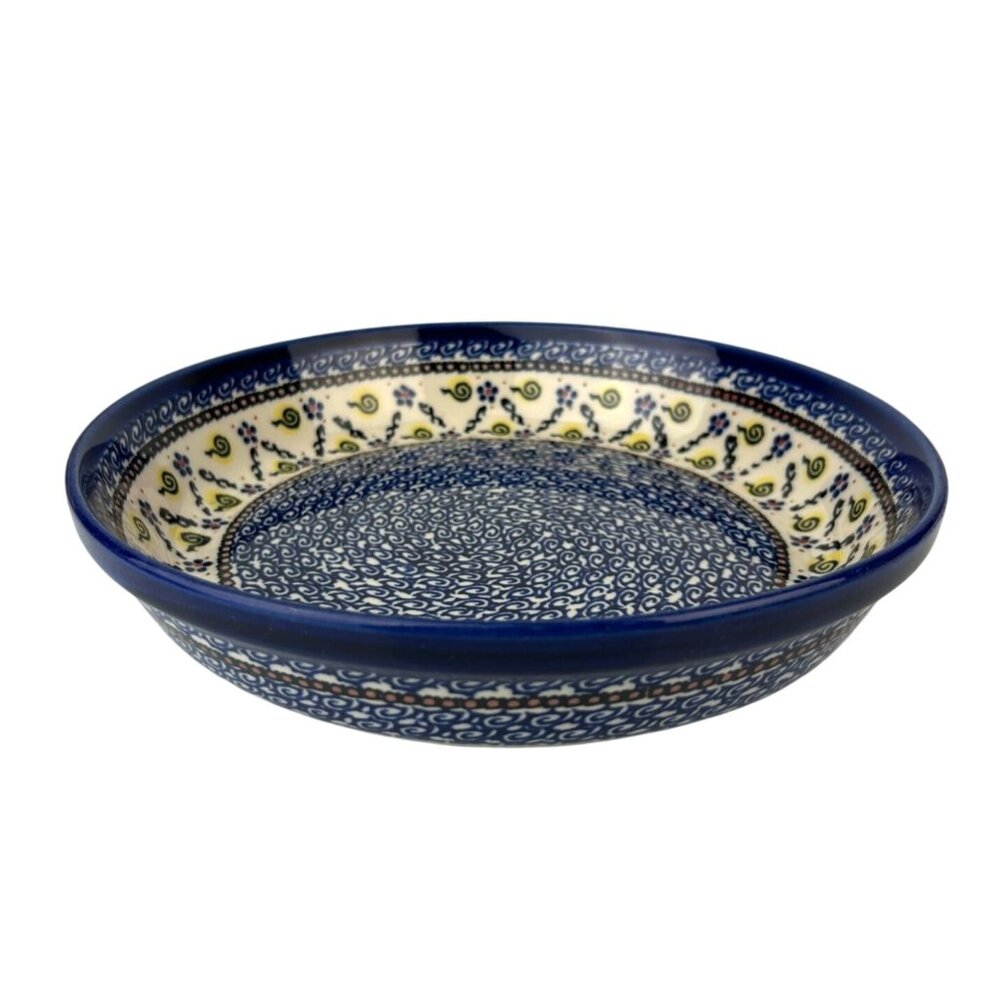 Boleslawiec Polish Pottery Pie Plate Stoneware Hand Painted Blue Floral Swirl